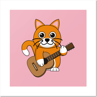 Cute Orange White Cat Playing Guitar Cartoon Posters and Art